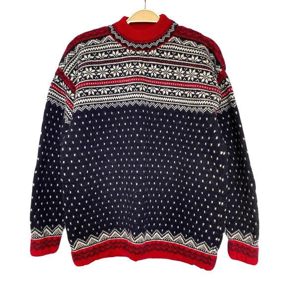 Vintage Lands End Wool Fair Isle Sweater Men M Navy Snowflake Birdseye Aspencore - Picture 1 of 9